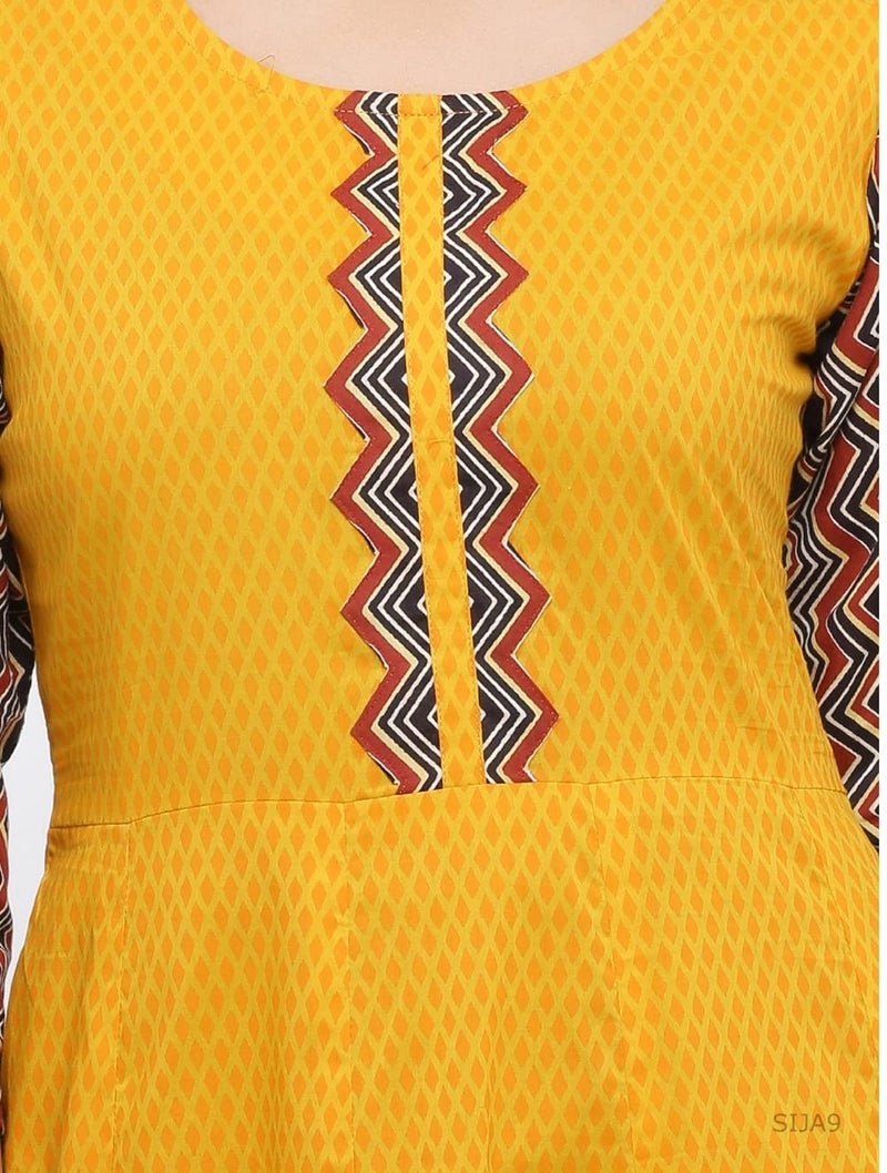 Yash Gallery Indian Cotton Geometric Print Anarkali Kurtis for Women (Mustard Yellow) - Image 4